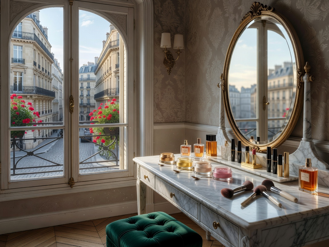 Parisian Dressing room cosmetic layout near window view